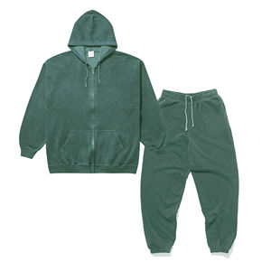 Conjunto de chándal de algodón grueso estampado con capucha para hombre, con cremallera, lavado ácido, logo personalizado, estilo acampanado y apilado, para invierno - Product Image 6