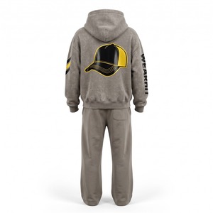 Survêtement unisexe épais avec sweat à capuche et pantalon de jogging à jambes larges, 420 GSM, gris pierre, personnalisable avec logo, pour impression vinyle à chaud - Product Image 2