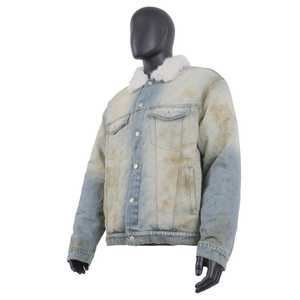 TOPSHOW Designer Custom Heavyweight Cotton Fur Collar Acid Washed <b>Vintage</b> Crop Denim <b>Jacket</b> for Men - Product Image 2