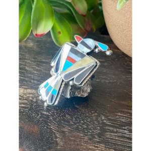 Zuni Handmade Multi-Color Turquoise Sterling Silver Inlay Ring Thunderbird Design Geometric Pattern Size 7.75 Everyday Wear - Product Image 4