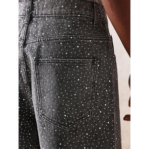 Shorts en jean personnalisés avec strass noirs pour hommes, ourlet brut, streetwear d'été, hip-hop, jeans à clous en cristal, jorts unisexe, élastique - Product Image 6