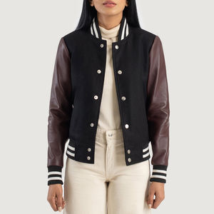 Chaqueta de Béisbol Varsity para Mujer, Negra, con Mangas en Contraste, Tejida, Transpirable, de Invierno, con Cuello Alto, Estampada, Cierre de Lana, Precio de Fábrica - Product Image 5
