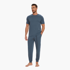 Pyjama d'été de luxe personnalisé pour homme – Ensemble décontracté en coton uni à col rond et pantalon long – Vente en gros OEM ODM – Grandes tailles – Confort optimal - Product Image 1