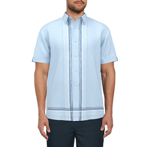 Custom Made OEM Design <b>Mens</b> 100% Cotton Solid Light Blue Color Causal Short Sleeve Slim Fit Lilen <b>Shirt</b> With Turn Down Collar - Product Image 1