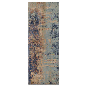 Tapis Kavi bleu noué à la main en laine et soie de bambou, collection Théorie du Chaos - Abstrait pour la décoration de la maison, salon, modèle 9x12 pour couloir - Product Image 1