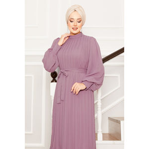 Powder <b>Pink</b> A-Line Hijab Evening <b>Dress</b> with <b>Organza</b> Sleeves Natural Waistline - Product Image 2