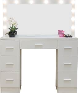 Table de maquillage <span class=keywords><strong>blanche</strong></span> avec ampoules LED, tiroirs et étagères ouvertes, table de maquillage pour chambre à coucher, salle de maquillage, coiffeuse moderne - Product Image 1