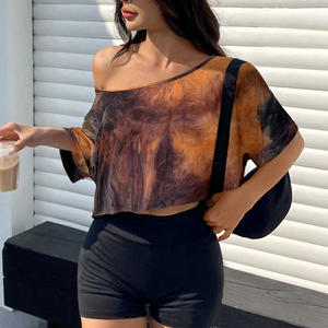 เสื้อยืดพิมพ์ลายมัดย้อมวินเทจสำหรับผู้หญิงระบายอากาศได้กระดุมผ้าฝ้ายสำหรับฤดูร้อน - Product Image 3