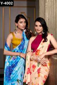 Saree en soie de satin de fantaisie indien avec impression numérique avec des pièces de chemisier en soie Moonga pour la fête et le festival Wear Saree de créateur - Product Image 5