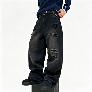 Jeans pour hommes coupe bootcut, style streetwear hip-hop décontracté, jambe large, délavage stone wash, coupe droite ample, jeans de mode pour hommes - Product Image 3
