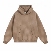 Vintage Stonewashed Acid Wash Distressed Plush Pullover Hoodie Heren Katoen Uitgeknipte Gaten Dikke Fleece Plus Size Winterkleding
