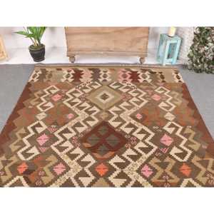 พรมขนาด 6x8 ฟุต, พรมตุรกีโบราณขนาดใหญ่, พรมขนสัตว์สีน้ำตาลคิลิม - Product Image 3