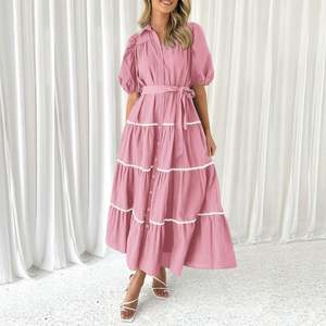 Fabricante verano 100% algodón Simple Rosa Maxi vestido de cintura alta suelto ajustado verano vacaciones traje tobillo longitud Maxi vestido - Product Image 1
