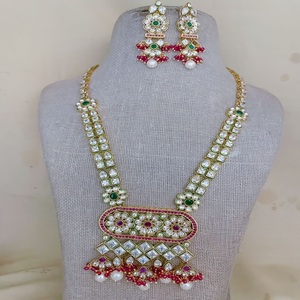 Attrayant haute qualité pierre Design plaqué or Kundan collier ensemble boucles d'oreilles pour femmes Designer bijoux pour vêtements de mariage - Product Image 1