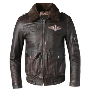 Meilleur Style aviateur veste en cuir matelassé 100% col en fourrure de vachette naturelle aviateur motard vêtements vol manteau hiver chaud asiatique