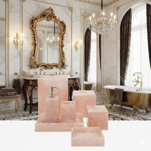 Ensemble de salle de bain écologique en résine rose de qualité supérieure, sept pièces, aspect marbre élégant, distributeur de savon, accessoires, facile à nettoyer pour un style moderne - Product Image 4