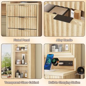 Tocador de maquillaje de roble acanalado de 55 \ ", espejo grande, tapa de cristal moderna, 9 cajones, estantes de almacenamiento abiertos, estación de carga, <span class=keywords><strong>vestidor</strong></span> grande - Product Image 5