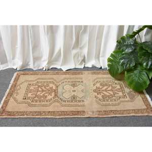 Tapis Vintage en Laine Turque 1.6X3.2 pieds Marron Beige Patchwork Design Grand Rectangle Latex pour Couloir Chambre Chevet Décor - Product Image 2