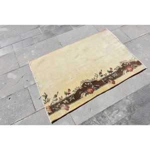 2.6x3.9 ft Vintage Small Rug, <b>Yellow</b> Brown Turkish Floral <b>Wool</b> Rug - Product Image 2