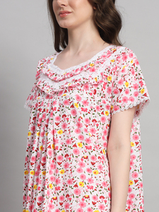 Camisón de Encaje 100% Algodón para Mujer, Mangas Medias, Largo Completo, Tela Transpirable, Cuello con Estampado Floral, Elegante, Primavera Otoño - Product Image 6