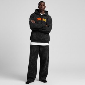 Ensemble de survêtement homme personnalisé OEM délavé à l'acide avec logo brodé, en molleton polyester/coton épais, couleur unie, 2 pièces - Product Image 1