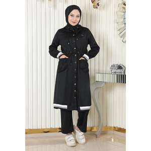 Ensemble côtelé noir à col rond et capuche, pull en polyester tissé, pantalon évasé, haut long, pantalon mi-long, style décontracté et tendance, automne - Product Image 3