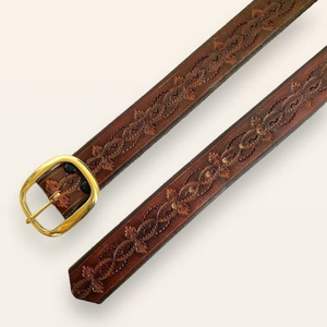 Cuirs Longueur personnalisée 31 à 35 pouces Sangle de ceinture occidentale usinée à la main en cuir véritable Boucle en laiton de style vintage pleine fleur - Product Image 4