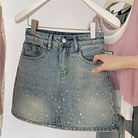 Jupe midi en jean vintage bleu naturel pour femme avec strass à la taille, respirante, séchage rapide, lavable, coupe droite, ornée de cristaux étincelants