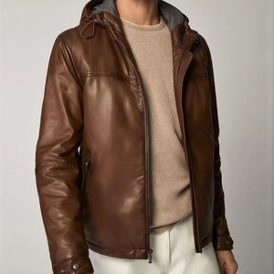 Veste en cuir et toile vintage chic pour unisexe avec capuche en fausse fourrure coupe-vent et respirante, design hivernal - Product Image 1