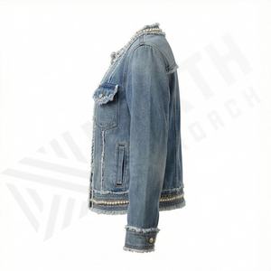 Plus Size Women Ripped Customized Color Denim Jacket Multi Pocket Design Long Sleeve Vintage Pearl Details Stylish Casual <b>Coat</b> - Product Image 3