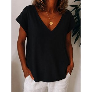 Blusa de manga corta con cuello en V para mujer, 34511 - Negro - Product Image 1