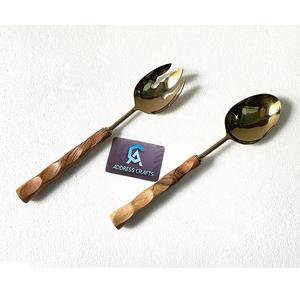 Premium Quality 18 8 Stainless Steel Salad Server Set With Wood Handle Kitchen Utensils <b>Gold</b> Plated Salad <b>Spoon</b> Fork Salad Tools - Product Image 1