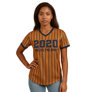 Année de fondation 2020 Delta Psi Rho Sorority Gold Pinstripe Pull Baseball Jersey 100 Polyester Mesh V Neck Knit Rib T Shirt - Product Image 1