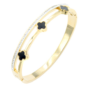 Bracciale in Acciaio Inossidabile Placcato Oro con Cristalli, Design Trifoglio Nero - Product Image 2