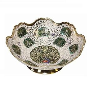 Bol à fruits rond en laiton fait à la main de haute qualité avec gravure de paon multicolore et fini polonais pour une utilisation en cuisine - Product Image 2