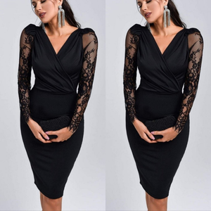 Robe courte en crêpe à manches longues et col drapé pour femme avec manches en tulle, 29948 - Noir - Product Image 5