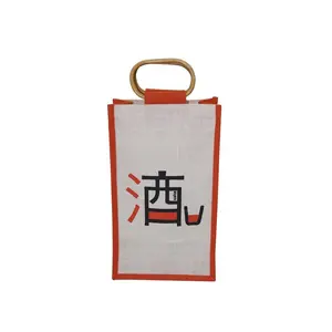 Wit Oranje Combinatie Aangepaste Logo Print Houten Rieten Handvat Pp Gelamineerde Jute Sake Tas Voor Japanse Wijn