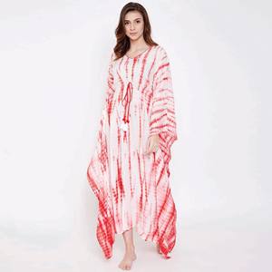 Custom Slim Fit 100% Modal cuello redondo manga corta extendida rojo caramelo Shibori Tie-Dye Kaftan - Product Image 1