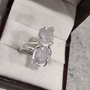 Joyería de piedra en bruto de exportación, anillo de mujer, piedra preciosa Natural cruda de cuarzo rosa, piedra natal de abril, piedra doble, anillo de Plata de Ley 925 - Product Image 3
