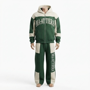 Ensemble de survêtement deux pièces avec sweat à capuche zippé et pantalon de jogging à jambes larges, couleur vert et crème - Product Image 3