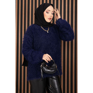Suéter Azul Marino de Punto Texturizado Suave para Mujer, Transpirable, Estilo Casual de Invierno, con Estampado de Dibujos Animados Bordados - Product Image 2