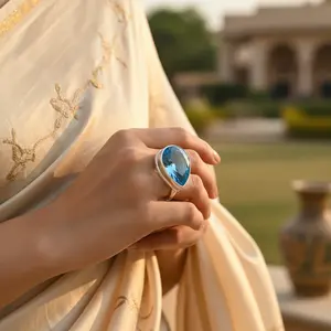 "925 Silver Fashionable Geometric Hand-Crafted <b>Statement</b> <b>Ring</b> with Blue Topaz for Women" - Product Image 2