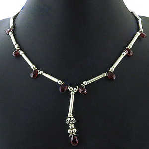 Silver Women's Fashion Sweater Chain <b>Necklace</b> with Garnet Gemstones Gift Jewelry - Product Image 1