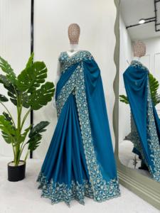Saree ออกแบบที่สวยงามด้วยด้ายและลำดับการทำงานและเสื้อ - Product Image 4