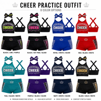 Ensemble de soutien-gorge et short de cheerleading personnalisé avec logo CHEER en strass, dos croisé, short moulant, ensemble d'entraînement de cheerleading