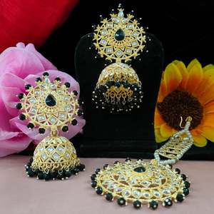 Pearls Work & Kundan Stone <b>Jhumkas</b> With Maang Tikka Kundan Stones Set In Ornate Gold Tone Metal Ideal For Weddings,Grand Festive - Product Image 2