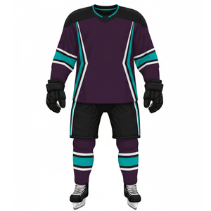ชุดฮอกกี้น้ำแข็งสีม่วงเข้มและสีเขียวอมฟ้า ออกแบบโลโก้ของคุณเอง ชุดกีฬา  เสื้อฮอกกี้แบบมืออาชีพ แผงตัดสีแบบ V - Product Image 1