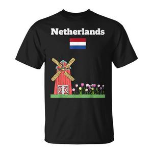 T-Shirt Promozionale Souvenir Olandese con Mulino a Vento, Tulipani e Bandiera Olandese - Product Image 1