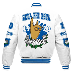 Zeta Phi Beta 1920 Blue <b>White</b> Sorority Greek Life Varsity Letterman Jacket ZPB Chenille Patch Founders Edition - Product Image 5