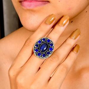 Solid 925 Sterling Silver Natural <b>Lapis</b> <b>Lazuli</b> Gemstone Cabochon Trendy Engagement <b>Ring</b> with Pave Setting Third Party Certified - Product Image 2